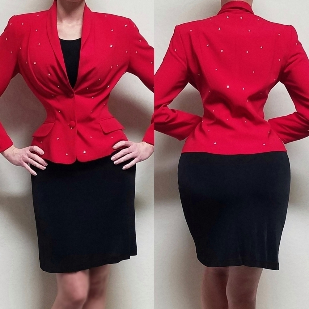 Vintage 80s Russell Kemp Fiery Red Rhinestone Bling Shawl Collar Blazer 10